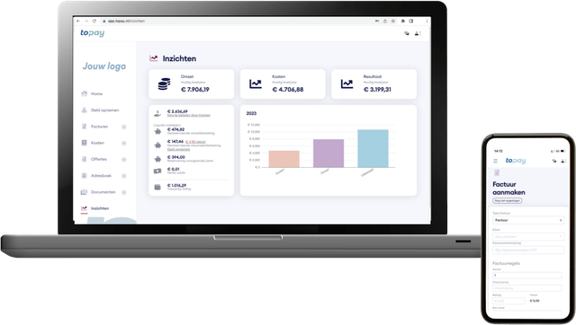 MijnToPay op een laptop en een telefoon. De laptop toont het overzicht Inzichten met omzet, kosten en resultaat, de telefoon het scherm Factuur aanmaken.