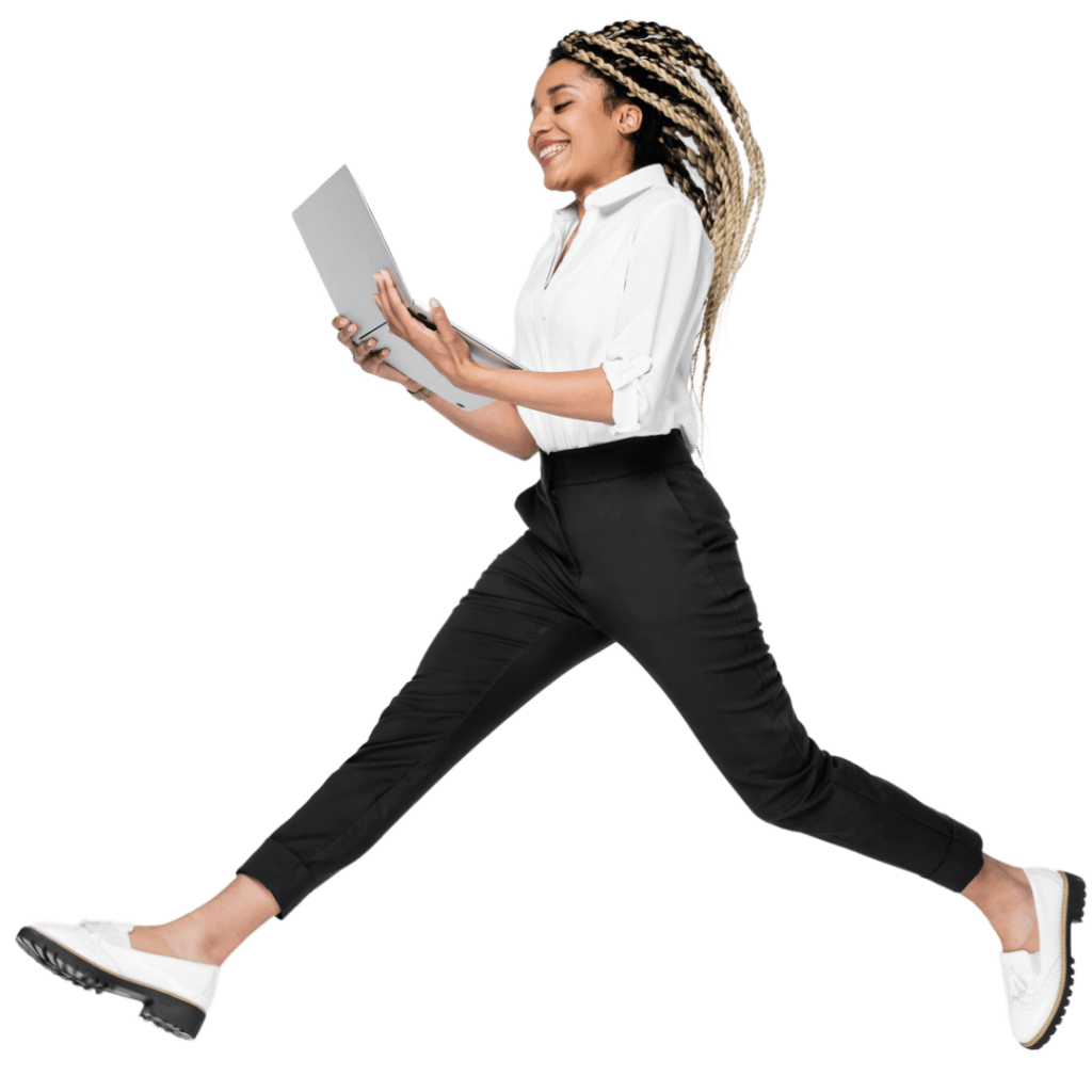 blije vrouw rent met laptop in hand